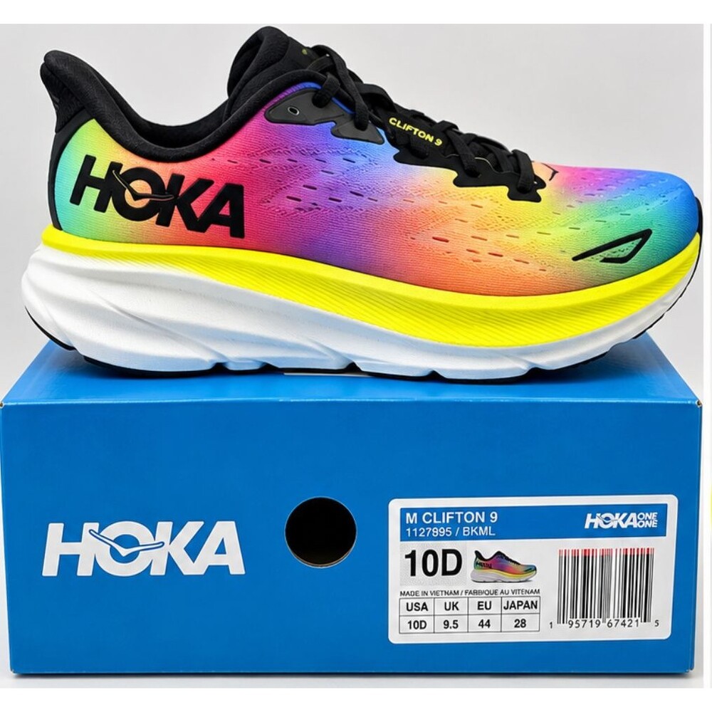 HOKA Clifton 9 Men’s Size 10 D Rainbow Black Multi Running Shoes 1127895-BKML